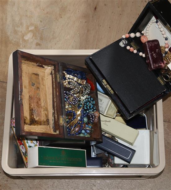 A mixed lot of assorted costume jewellery and other items including two 19th century wooden tea caddies.